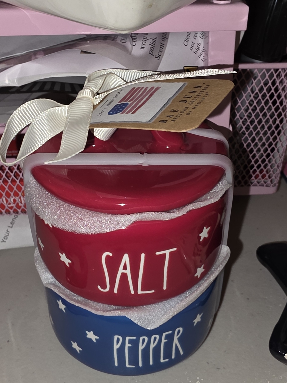 Rae Dunn Red Salt & Blue Pepper Stackable Ceramic Set